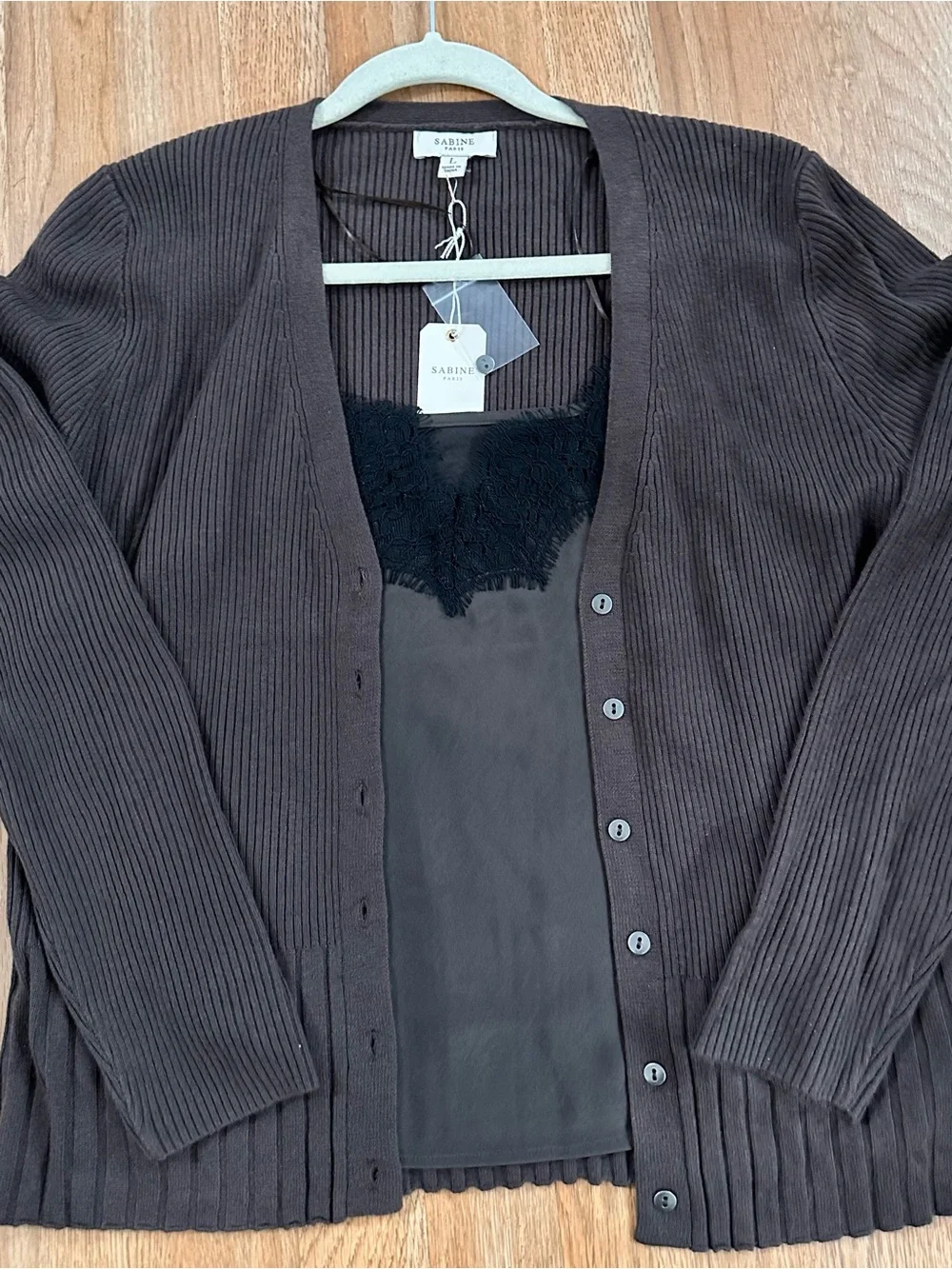 Sabine Brown Ribbed Cardigan with Black Lace-Trim Cami